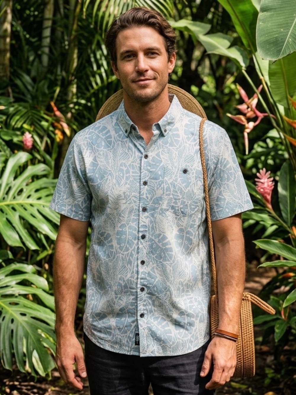 Howler Brothers Mansfield Shirt Size XL Blue Tropical Floral Leaf Button Down